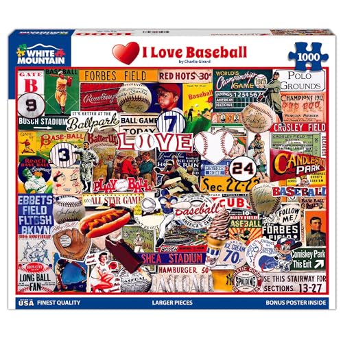 White Mountain 1000 Piece Jigsaw Puzzle Nostalgic Sports Collage Puzzles with Large Pieces for Adults and Family 24"x30" - I Love Baseball