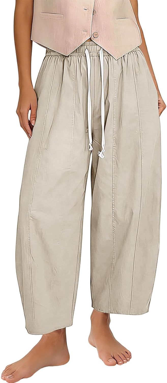 Cotton Linen Barrel Pants for Women High Waisted Wide Leg Pant Summer Casual Baggy Cropped Trousers with Pockets
