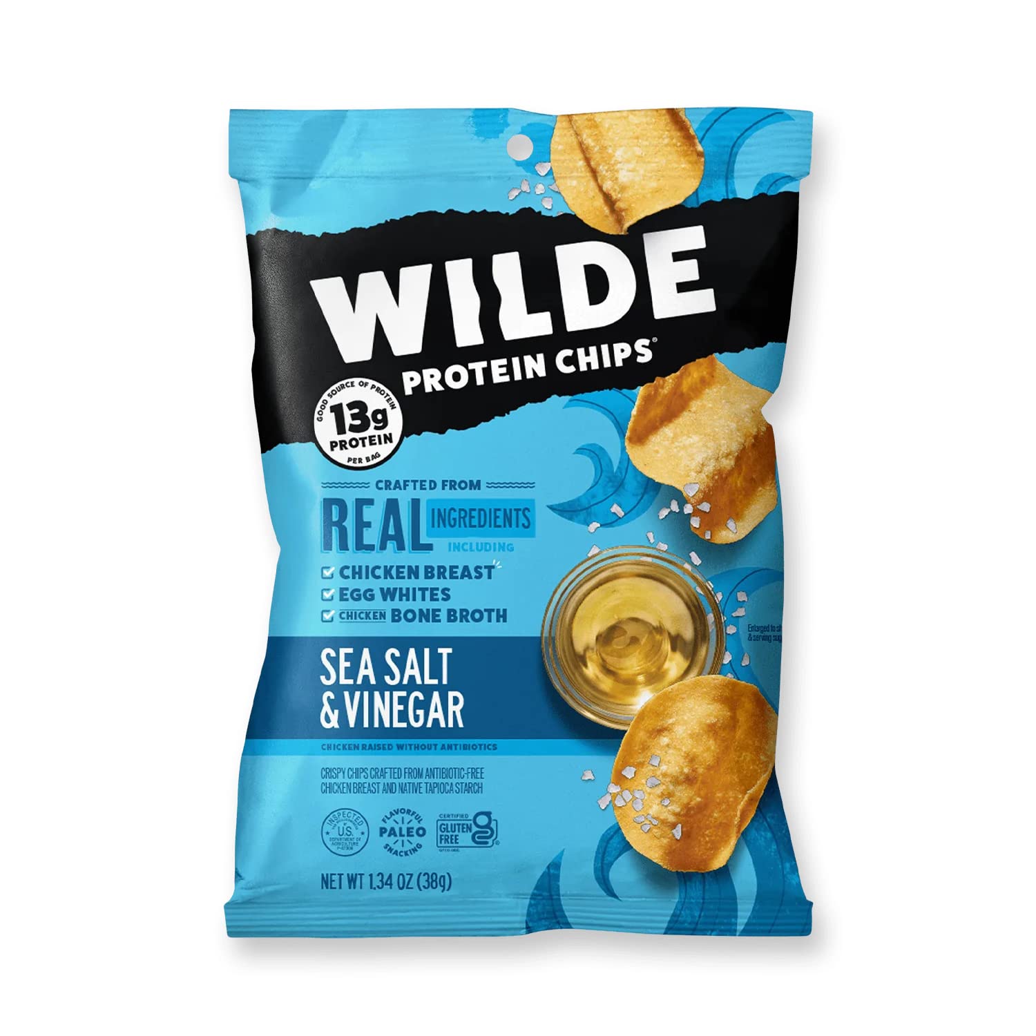 WILDE Chicken Chips Mini Bags - High Protein, Made With Real Chicken, 1.34oz Bags (Sea Salt & Vinegar, 8 Count)