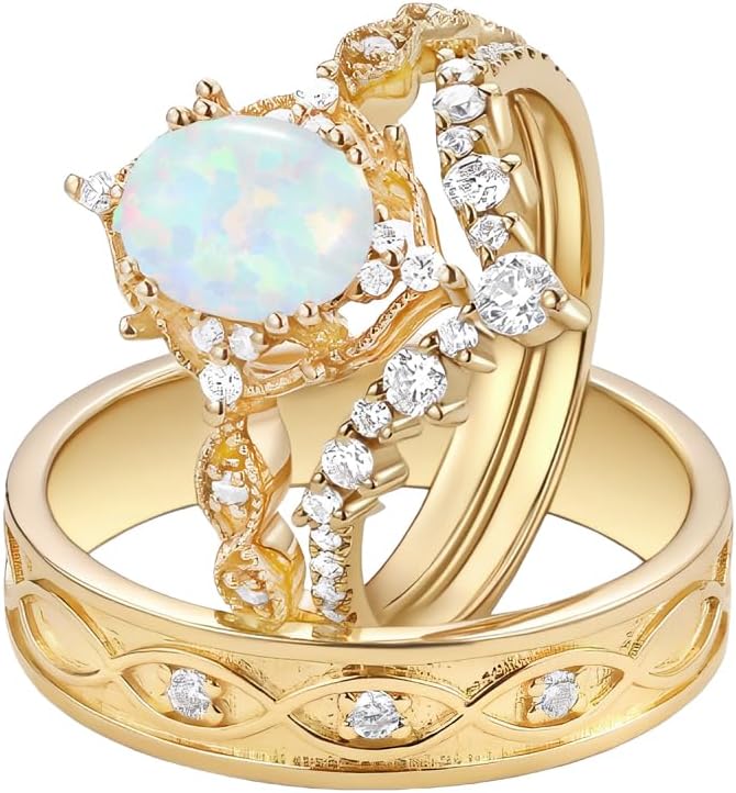 Couple Rings Set 1.5ct Oval Gemstone Engagement Ring Set for Women 10K 14K 18K Gold 3pcs Wedding Ring Set for His and Her Mens Wedding Band Vintage Anniversary Promise Ring