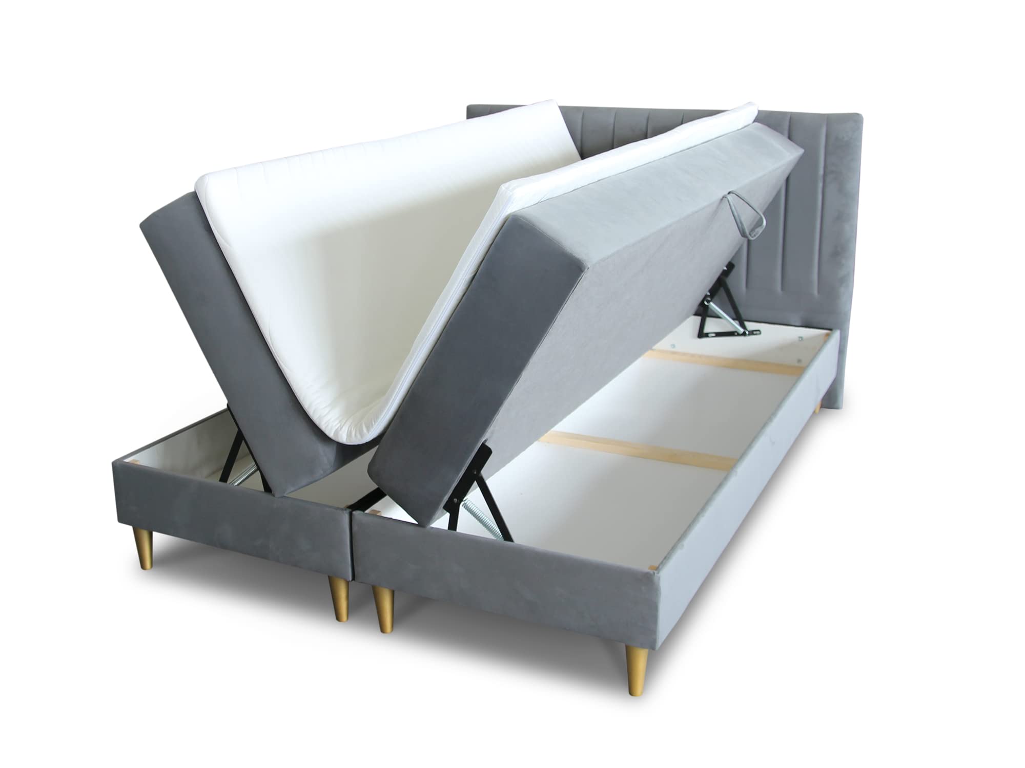 Sofnet Boxspringbett Gold mit 2 Bettkästen und Topper - Doppelbett, Bonell-Matratze, Polsterbett, Bett mit Matratzentopper, Schlafzimmer, Velours Stoff (Grau (Manila 16), 180 x 200 cm)