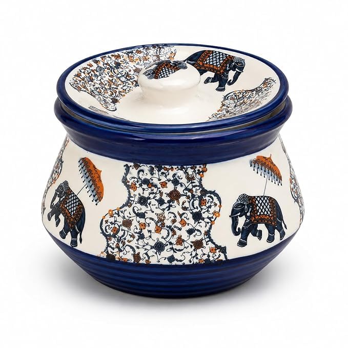 Ceramic Handi with Lid 300 ML | Handmade Blue Pottery Storage Bowl | Food Safe Serving Pot for Curd, Pickle, Chutney, Dry Fruits, Sweets & Snacks | Decorative Kitchen Container-image-24