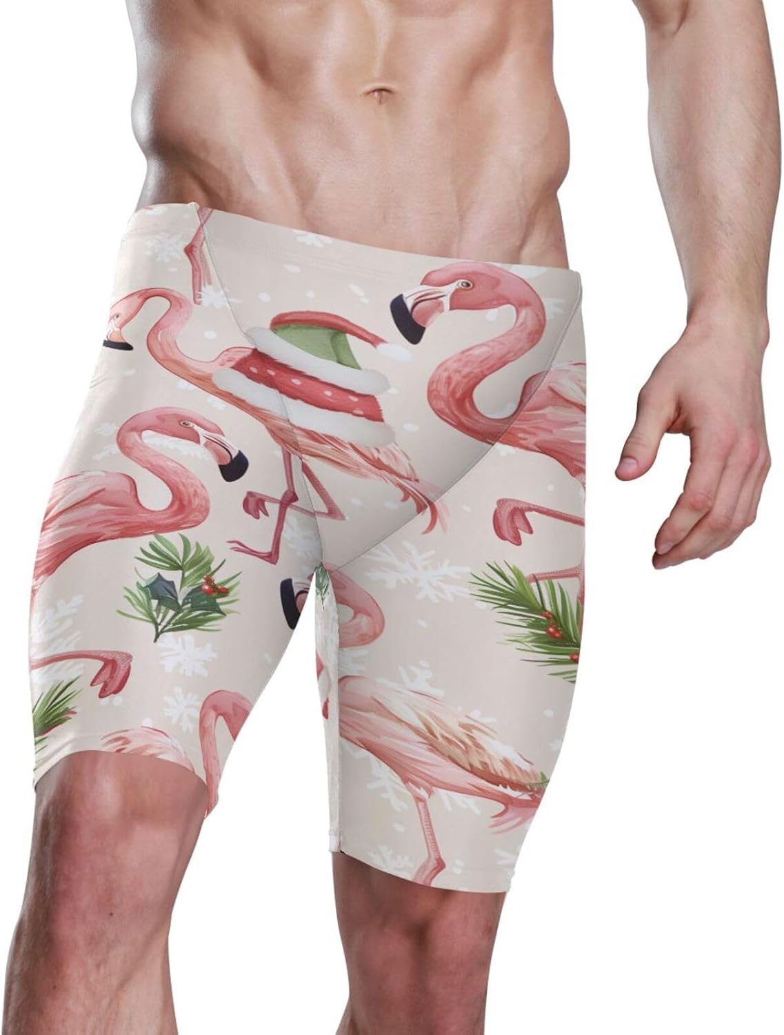 Flamingo with Christmas Hat Men's Racing Swim Trunks Athletic Swim Jammers Quick Dry Training Swim Shorts S-3XL