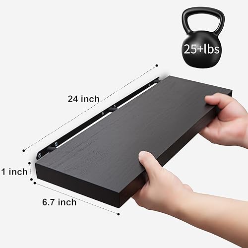 Miniatura 3 de SAUMONIERES Estantes flotantes de pared para dormitorio, baño, estante de madera maciza de 24 pulgadas, juego de 3, color espresso