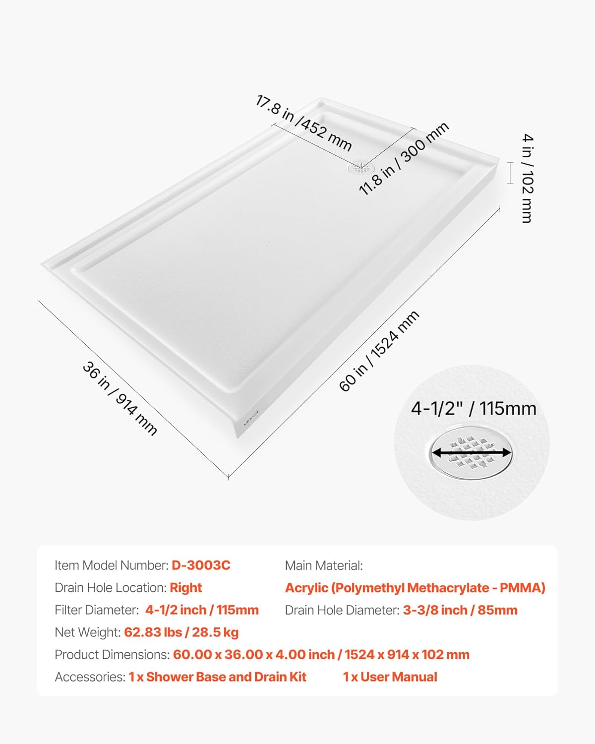 VEVOR Shower Pan, 60″ L x 36″ W Single Threshold Shower Base, Rectangle Acrylic & PVC Showering Base in White, Slip-Resistant Showering Pan Bases with Drain & Cover for Bathroom, Right Drain Location