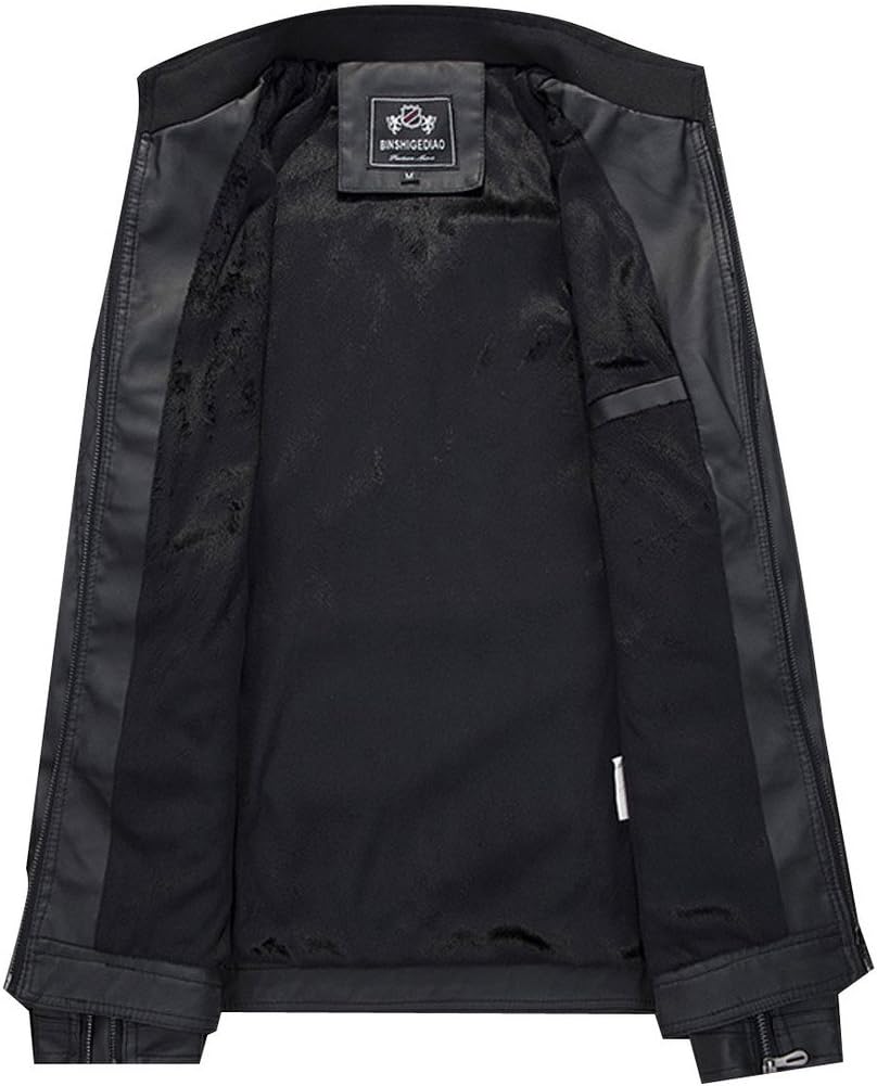YGT Men's Motor Stand Collar Fur Jacket PU Coat Zipper Pocket