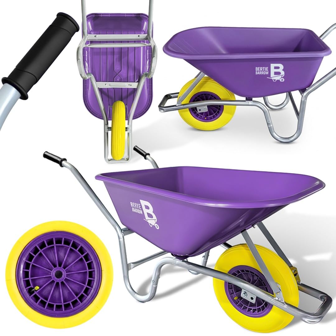 Wilcox Equimed Purple Yellow Bertie 110L Puncture Proof Wheelbarrow – 250Kg Heavy Duty Builders Wheelbarrow, Solid Tyre Green Polypropylene Garden Cart & Outdoor Yard Trolley For Soil & Gravel