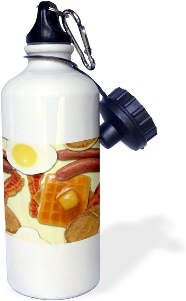 3dRose "Breakfast Bacon Eggs Waffles Background" Sports Water Bottle, 21 oz, White