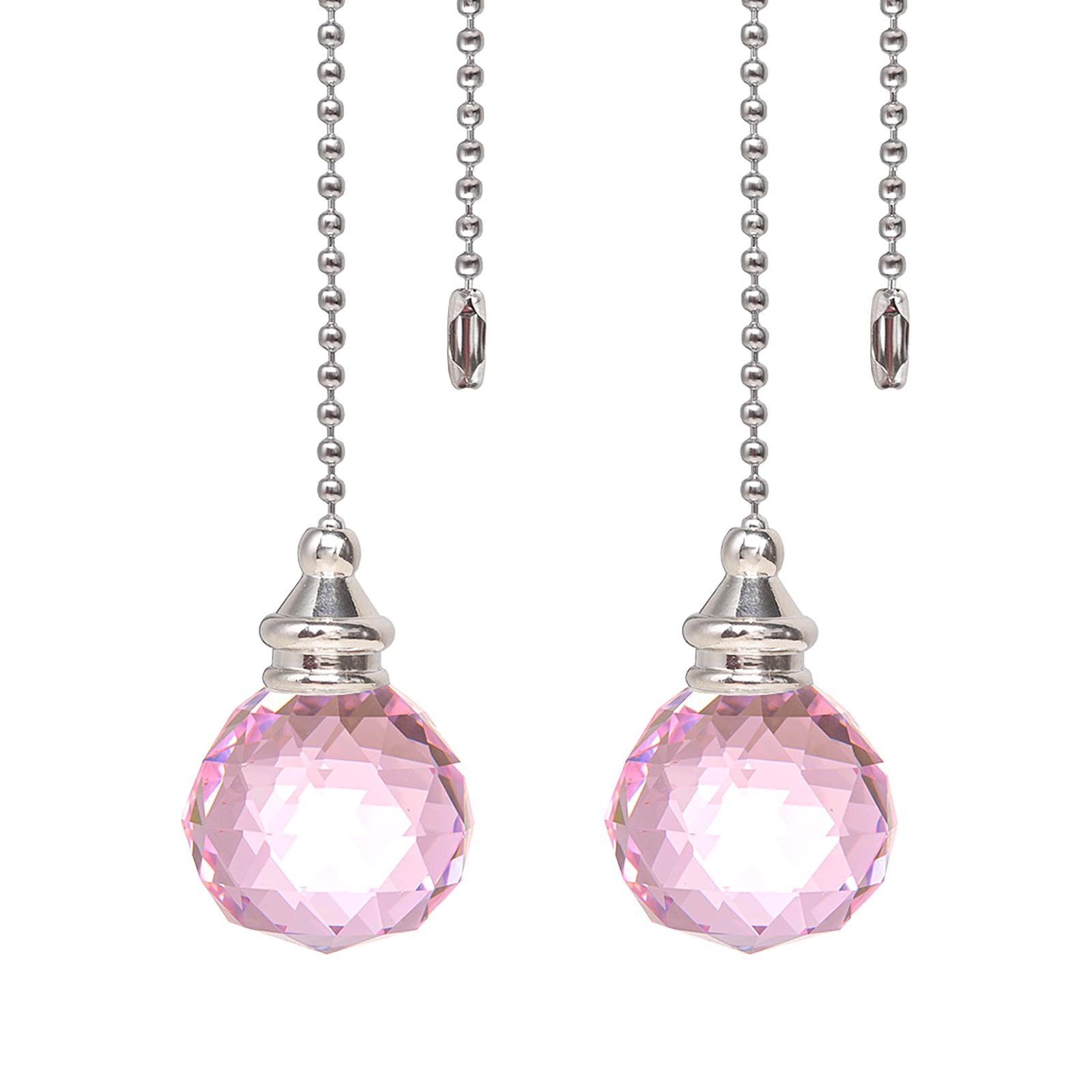 Pink 2pcs Crystal Ceiling Fan Pull Chain Crystal Prism Ball 30mm Dazzling Pull Chain Extension with Connector for Ceiling Light Fan