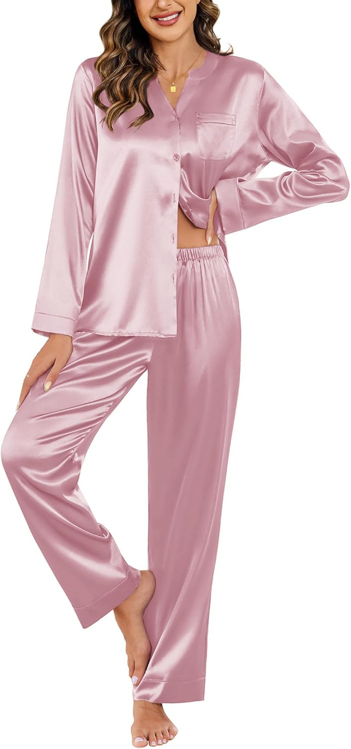 Ekouaer Silk Pajamas For Women 2 Piece Set Satin Pjs Long Sleeve Button Up Sleepwear Comfy Lounge sets