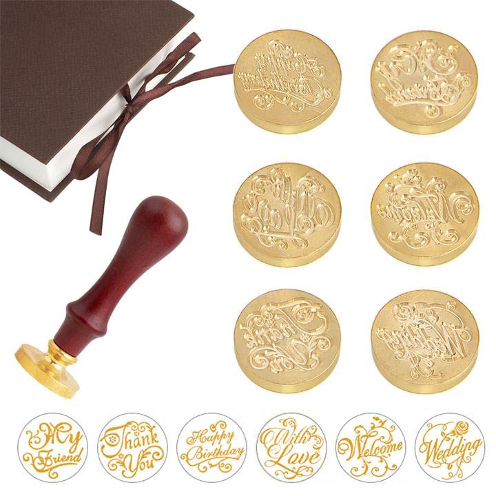 Miniatura 6 de Juego de sellos de cera, 6 piezas de sellos de cera de sellado + 1 empuñadura de madera, kit de sello de cera de sellado con caja de regalo (frase