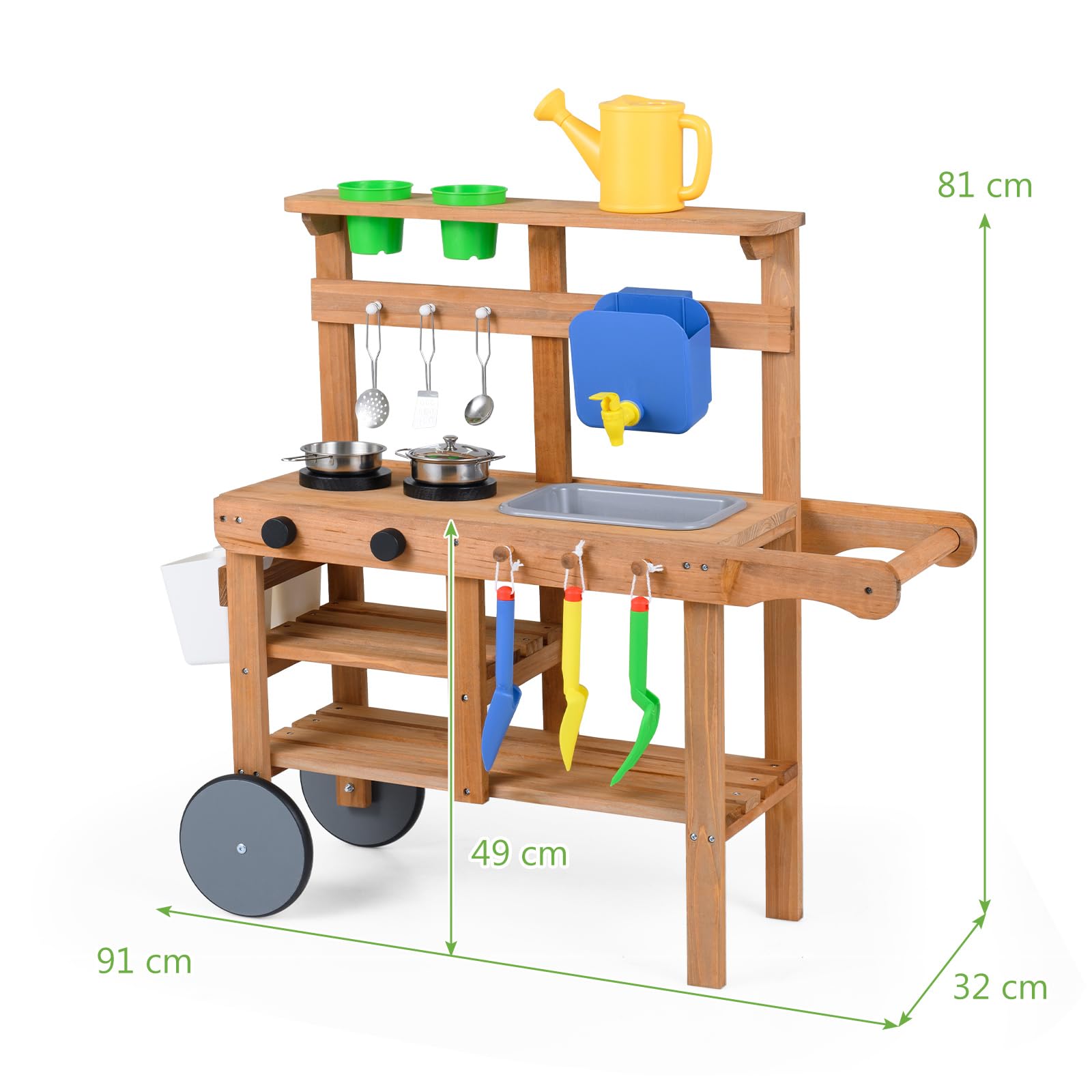 HOMASIS Cucina da Esterno per Bambini 3+ Anni, 91 x 32 x 81 cm | Cucina Giocattolo Realistica in Legno con Padella, Serbatoio, Lavandino, Vasi Removibili, Ripiani Aperti e Ruote