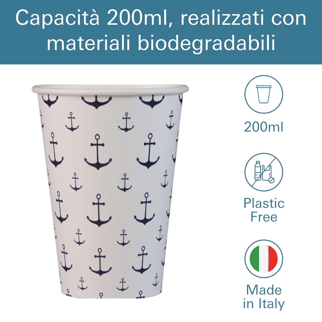 Gobelets en papier compostable jetables 200 ml recyclables verres biodégradables jetables pour boissons chaudes et froides Lot de 500 et 2000 pièces (500, ancre bleu)