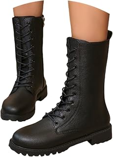 Boots for Women Uk Mid Calf Lace Up Motorcycle Boots Platform Heels Round Toe Walking Boot Anti-Slip Waterproof Retro Booties Best for Autumn, Winter, Winter Hiking