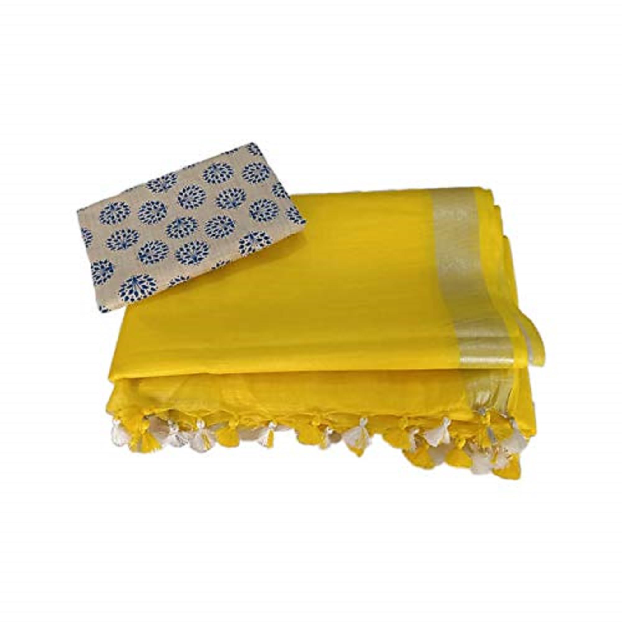 Women's Linen Viscose Bhagalpuri Saree with Blouse Piece, HF 015-SR (Yellow)-image-15