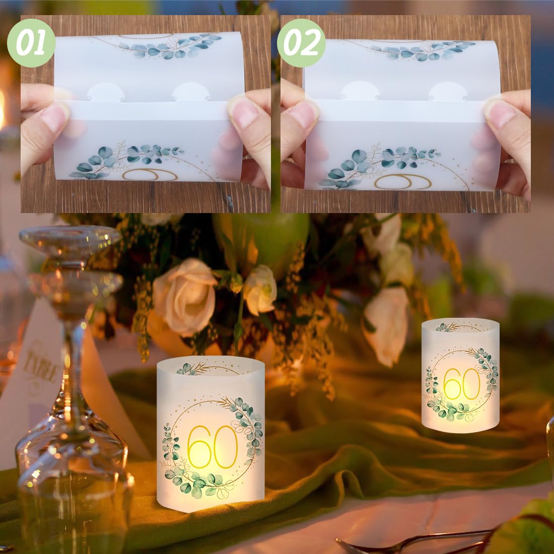 60. Geburtstag Deko-Set Mit Eukalyptus-Motiv – 100 Konfetti, 20 Servietten, 12 Windlichter