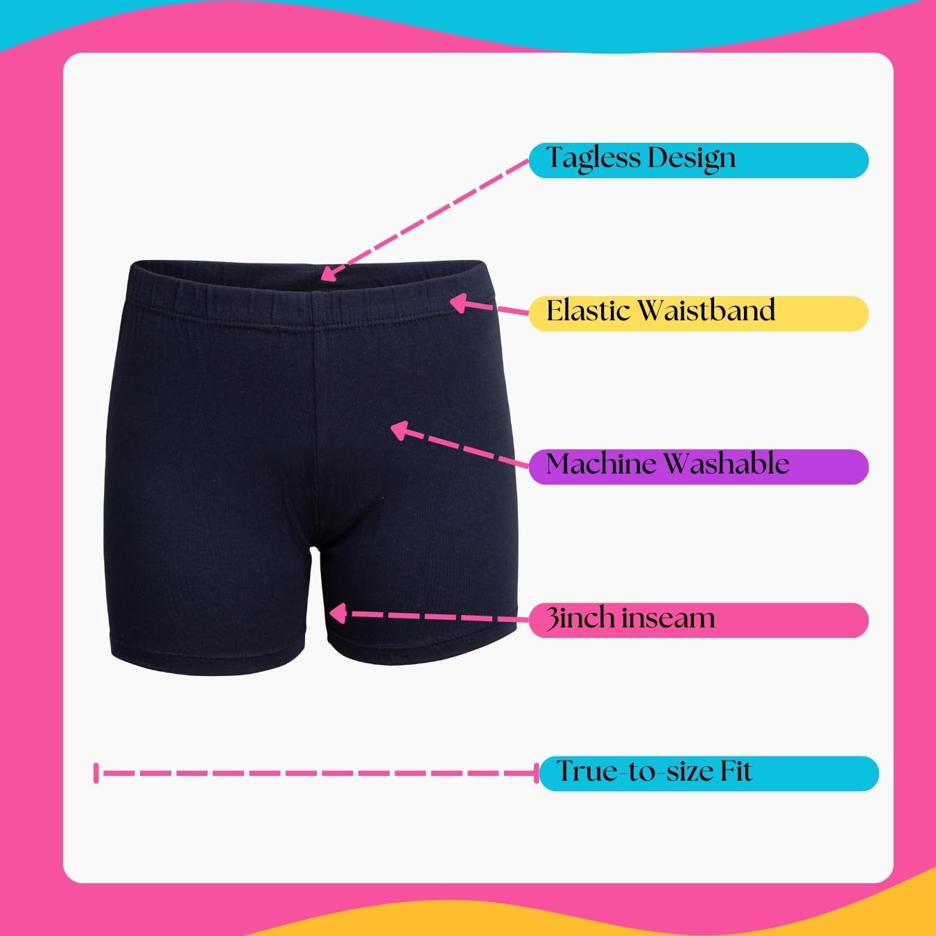 Popular Girls Cotton Undershorts for Dresses, 4 Pack - Solid & Tie Dye Under Dress Shorts, Cartwheel Sports Undershorts - Image 2