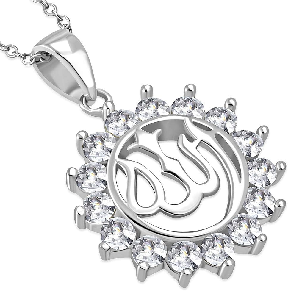 My Daily Styles - Allah Necklace – Islamic Pendant Necklace – 925 Sterling Silver Necklace - Allah Calligraphy Muslim Jewelry - Religious Arabic Necklace with Cubic Zirconia Encrusted Detailing - 18" Chain