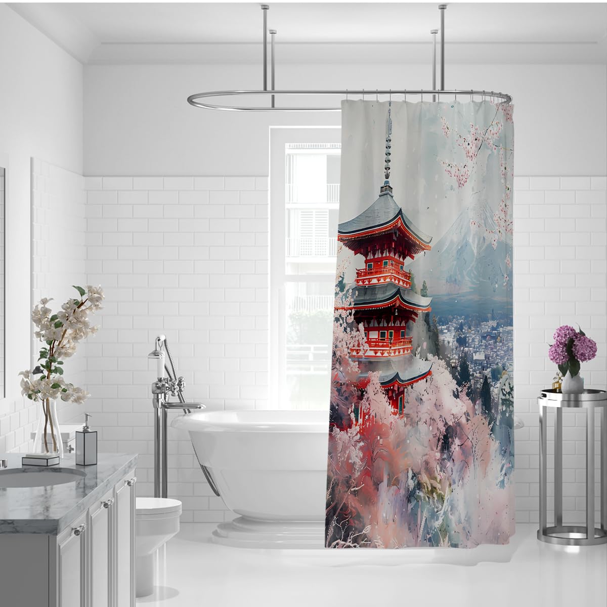 Rideau de Douche Art Paysage Sakura Japonais Traditionnel, Fleur Rose Aquarelle Éclosion Printemps, Décor de Salle de Bain Tissu Élégant avec Crochets, Lavable 180 x 200 cm