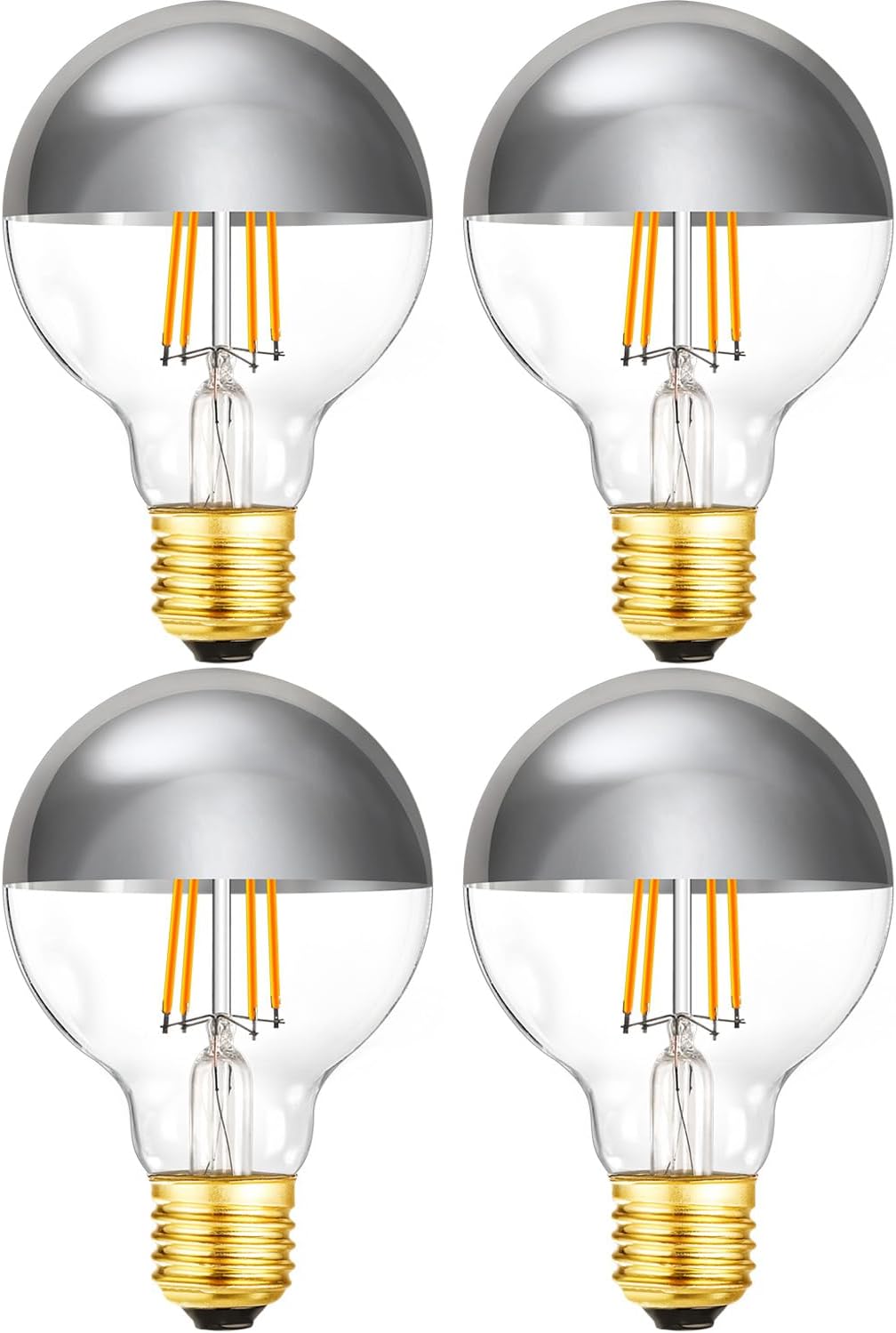 Half Chrome Light Bulb 6W Dimmable LED Edison Bulbs 60 Watt E26 Silver Dipped Anti Glare Bulb G80/G25 Globe Decorative Bulb 2700K Warm White G25 Globe Light Bulbs for Bathroom,Vanity,4 Pack