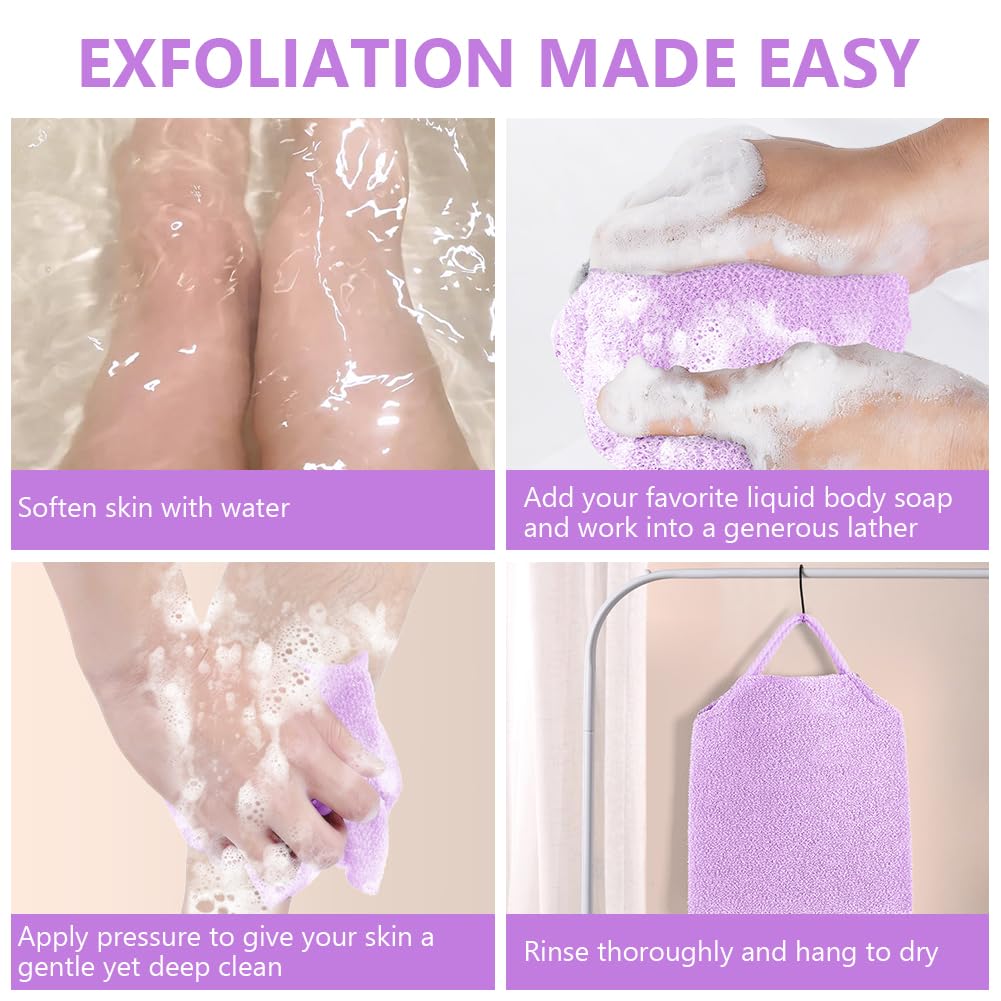 LOPHE Serviette Exfoliante Douche Longue pour le Dos,Gant de Toilette Exfoliant Double Face avec Poignées,Brosse Corps Extensible Nylon Séchage Rapide,Nettoyage en Profondeur Homme Femme,Violet