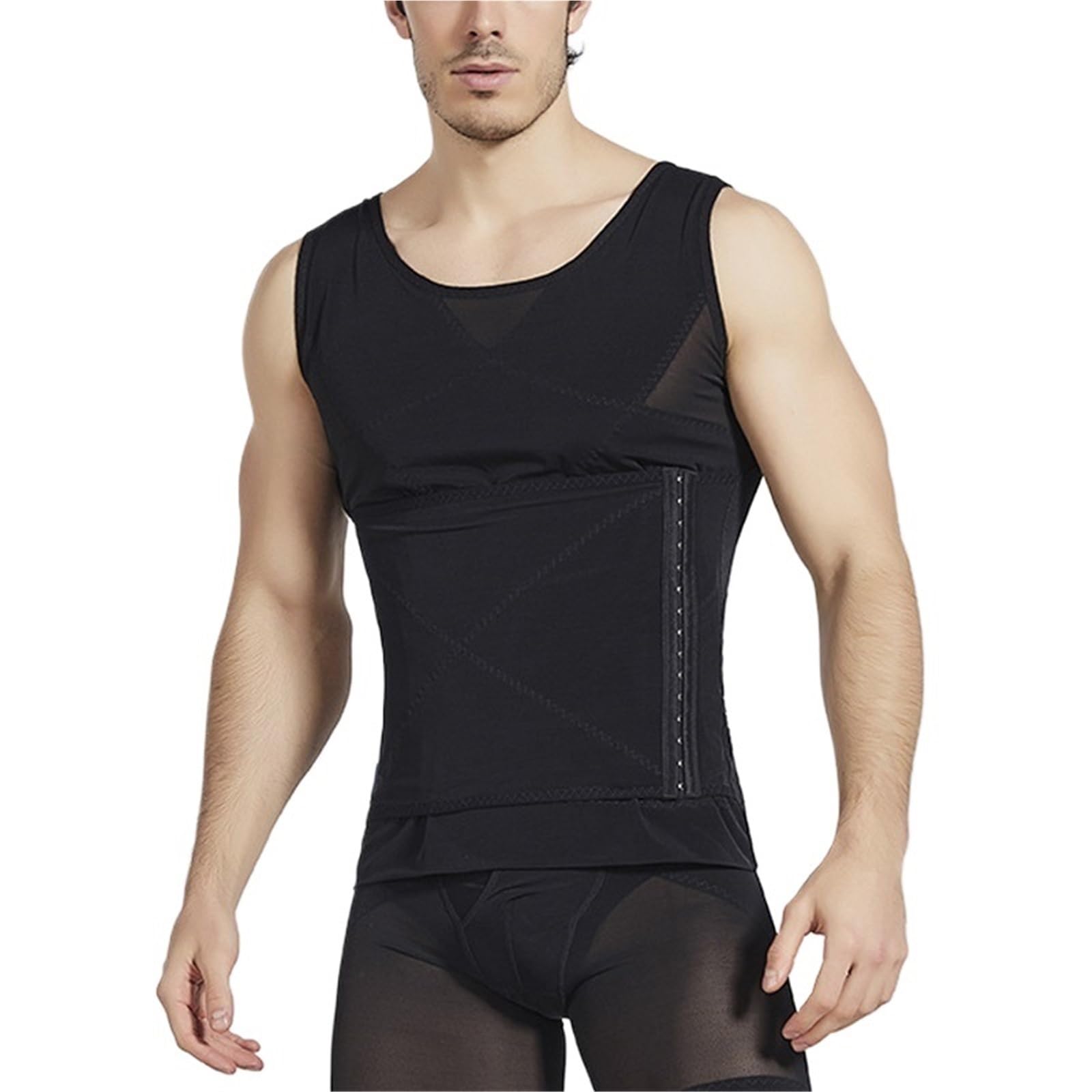 Kompressionsweste Männer Herren Shapewear Tops Taillenformung Kurze Ärmel Bauch Shapewear Taillentrainer T-Shirt Bauchweg Etui Korsett(Black,2XL (95-120kg))