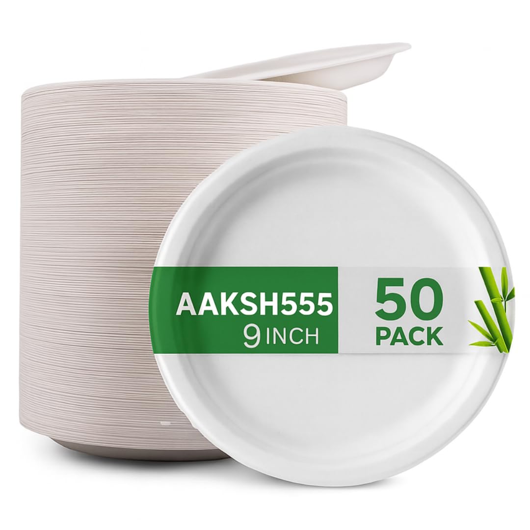 PACK OF 50, STRONG DISPOSABLE PLATES 9" / 23cm USED FOR HOT & COLD FOODS Party Lunch Dinner Plates Super Rigid Biodegradable Ecofriendly Plates Large Disposable Party Plates for Home Office Christmas