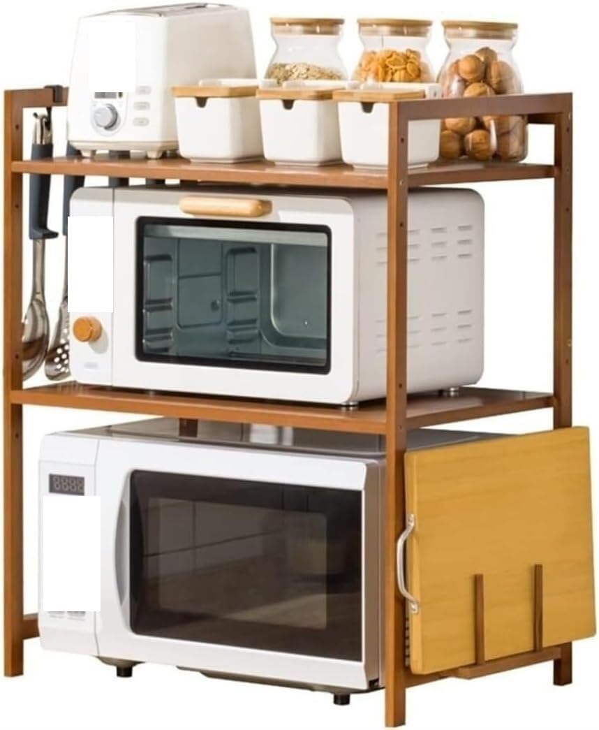 KanDuo Mikrowellen-Installationsständer, Halterungen for Ofengestelle, Mikrowellen-Aufbewahrungsregal, Arbeitsplatte mit Haken, Gewürzglas, Geschirrständer, Mikrowellengestell(Brown)