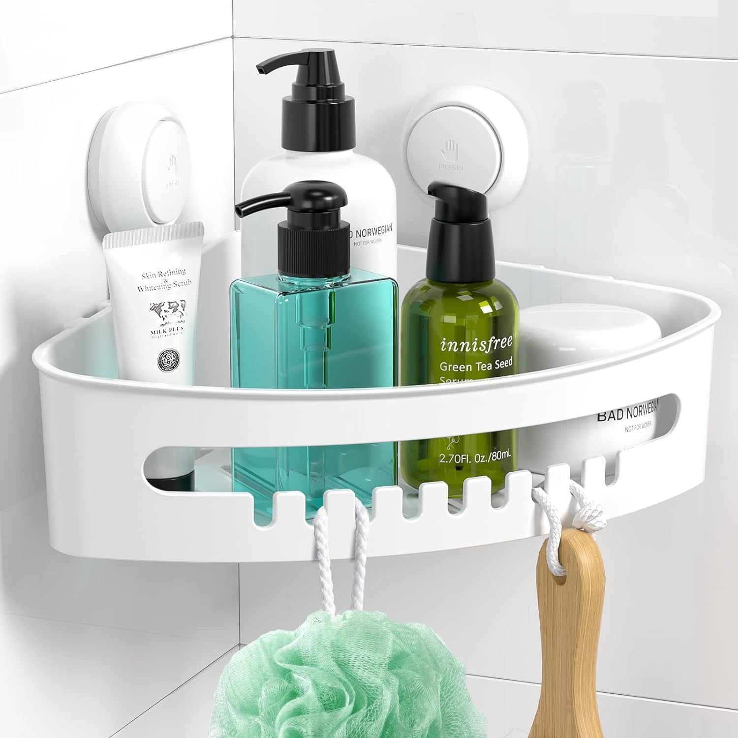 ilikable Estante Esquina Ducha Ventosa, Estante Baño Sin Taladro, Impermeable Reutilizable Organizador de Almacenamiento en la Pared para Baño, Cocina, Ducha, Blanco, Max 10KG Soporta