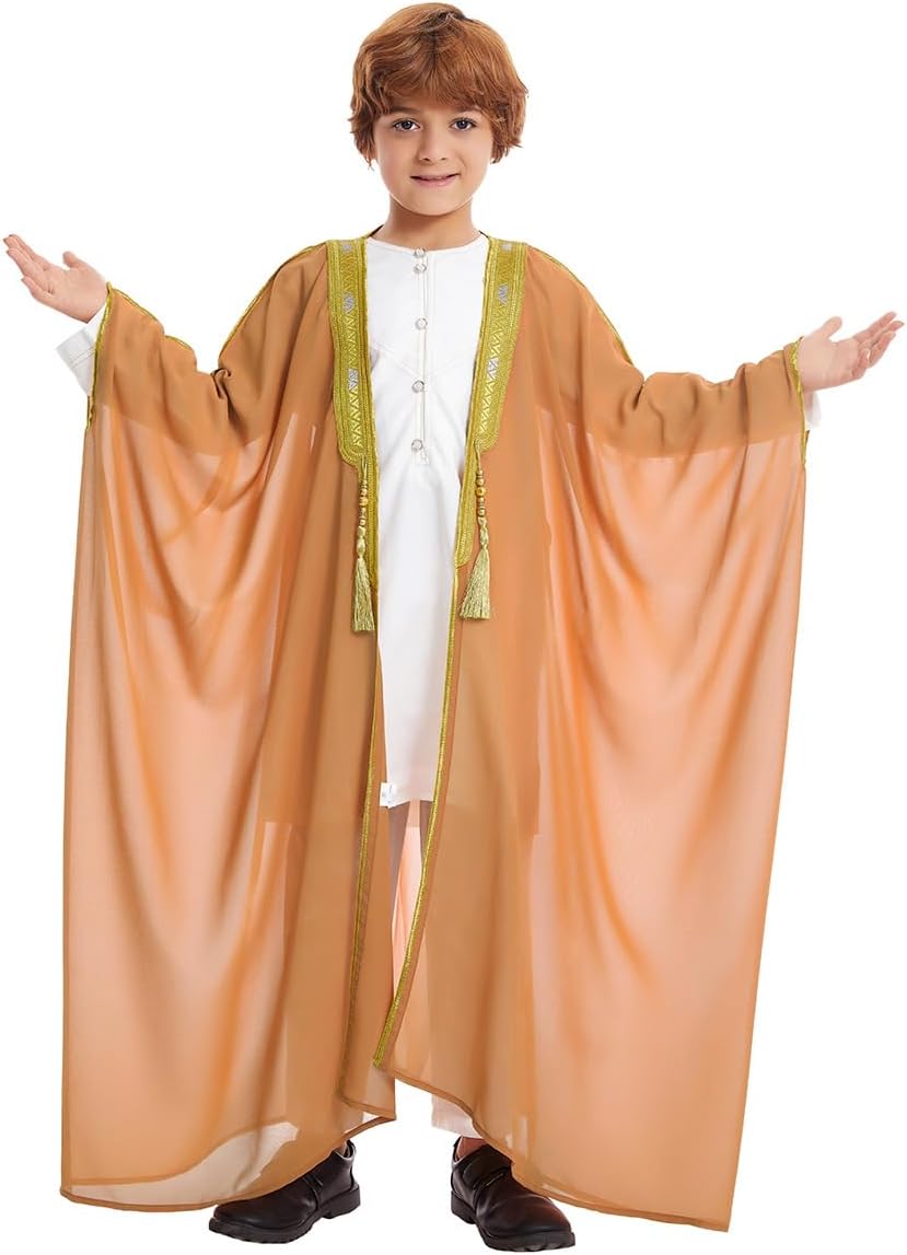 FYMNSI Open Front Kaftan for Boys Muslim Kids Abaya Islamic Prayer Clothes Embroidered Long Sleeve Cardigan Dress Chiffon Robe
