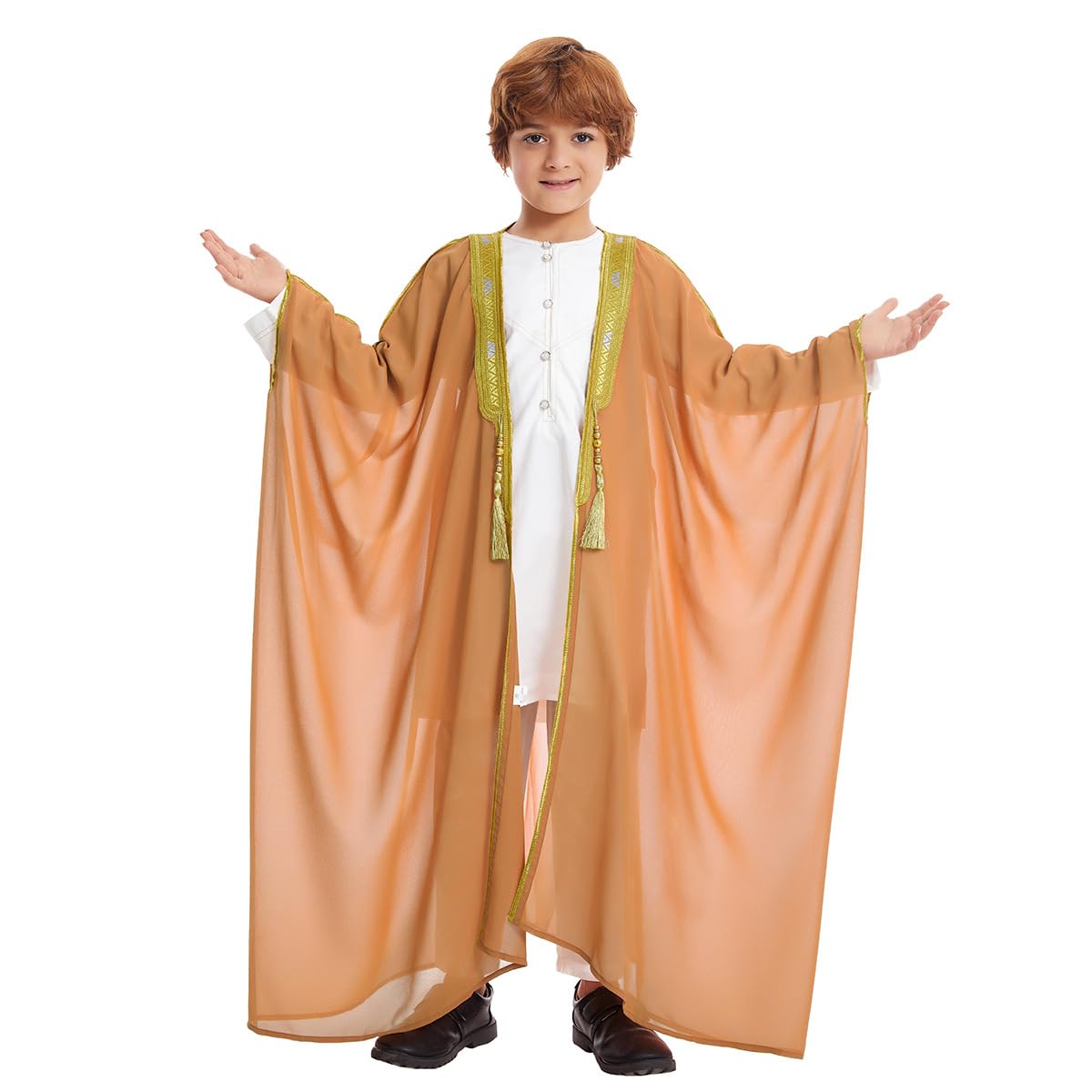 FYMNSI Open Front Kaftan for Boys Muslim Kids Abaya Islamic Prayer Clothes Embroidered Long Sleeve Cardigan Dress Chiffon Robe