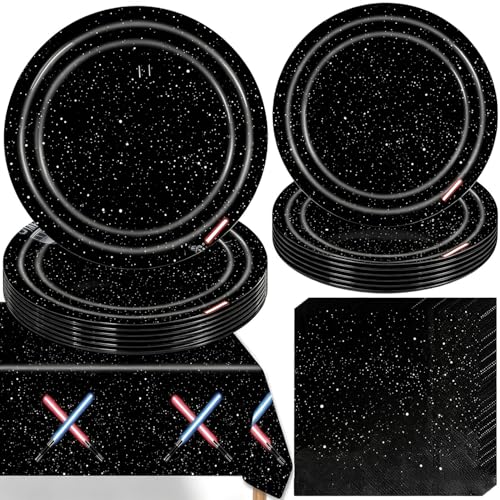 41pcs Galaxy Wars Birthday Party Decorations Tableware Set Include 10 Dinner Paper Plates 10 Dessert Paper Plates 20 Napkins and 1 42.5x70.9inch Waterproof and Disposable Tablecloth