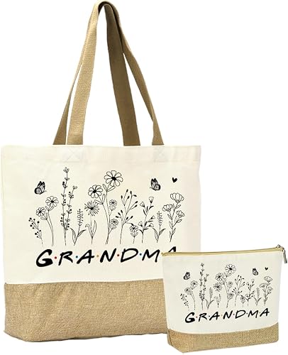 Grandma flower Tote Bag & Makeup Bag Set - Cute flower Canvas Tote Bag with Cosmetic Pouch for Women, Reusable Grocery Bag, Gift for Mom, Best Friend