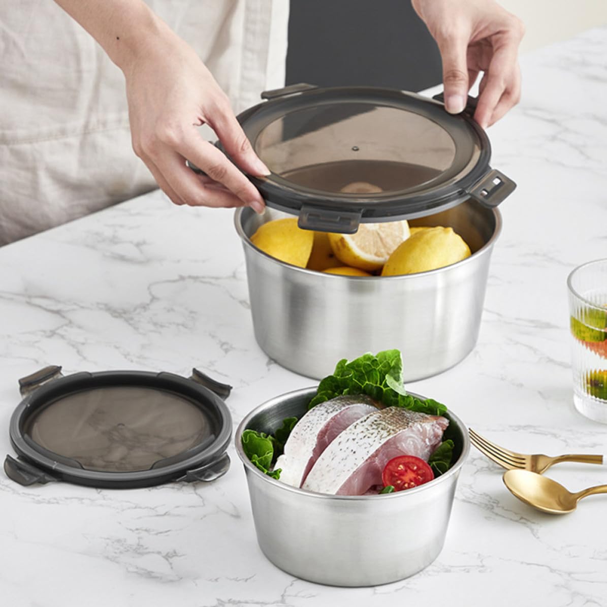 Recipientes Herméticos Multiusos de Acero Inoxidable 304 Juego de 3 con Tapa y Fáciles de Limpiar para Almacenamiento Seguro de Alimentos en Cocina