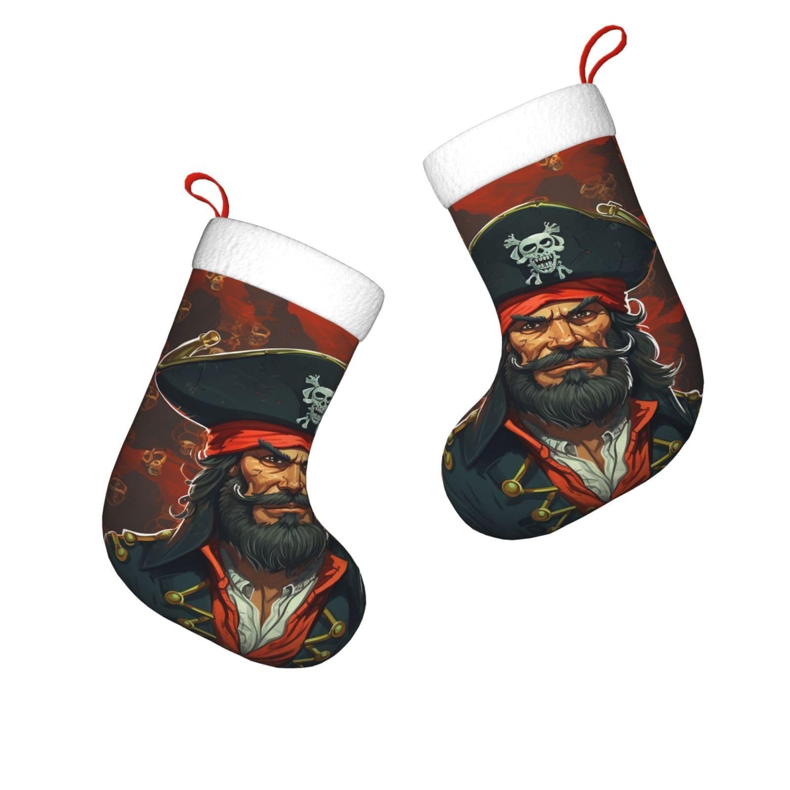 FodPand 17.7" Christmas Stocking 1 Piece, Pirate Captain Xmas Stockings with White Plush Cuff Fireplace Hanging Stocking for Christmas Holiday Party Decoration