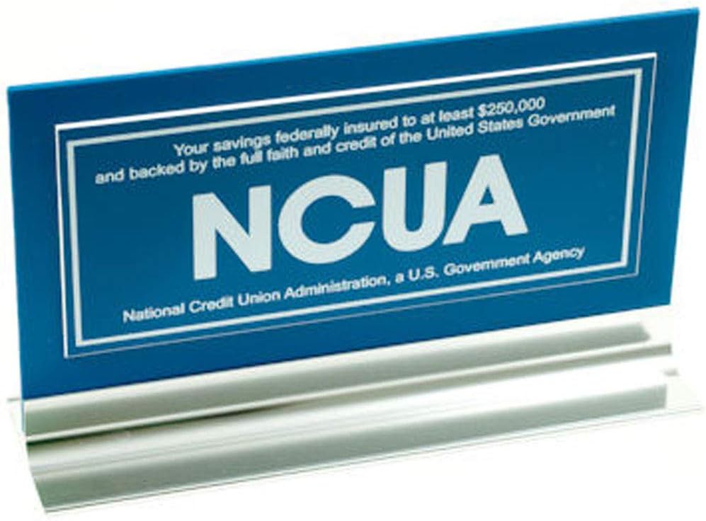 BankSupplies NCUA $250,000 Counter Sign | 7 W x 3 H | Blue & Silver Color | White Text | One-Sided | Durable Plastic Construction | Pre-Printed Signs for Business