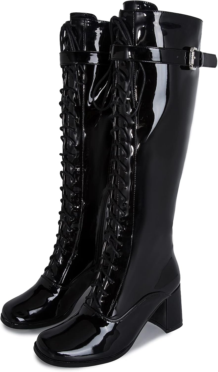 LIURUIJIA Women's Gogo Boots Lace up Knee High Block Heel Side Zipper Riding Boots