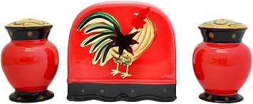 ACK Ceramic Hand Painted Salt and Pepper Shaker with Napkin holder Red Rooster, Kitchen Decor