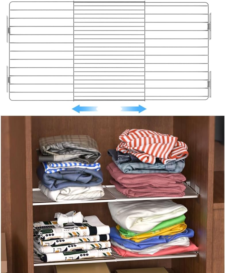 Expandable Closet Tension Shelf with Strong Adhesive, Metal Wire Hanging Shelves Closet Divider Separator Storage Shelves for Cabinet Wardrobe Cupboard, 2 Pack (16.9''-32''W, 12''D)