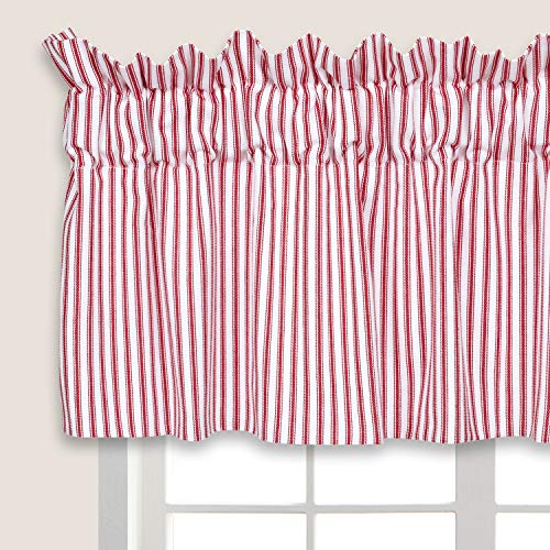 Cackleberry Home Red And White Ticking Stripe Valance Curtain Woven Cotton Lined 54 Inches W X 17 Inches L #TOP1