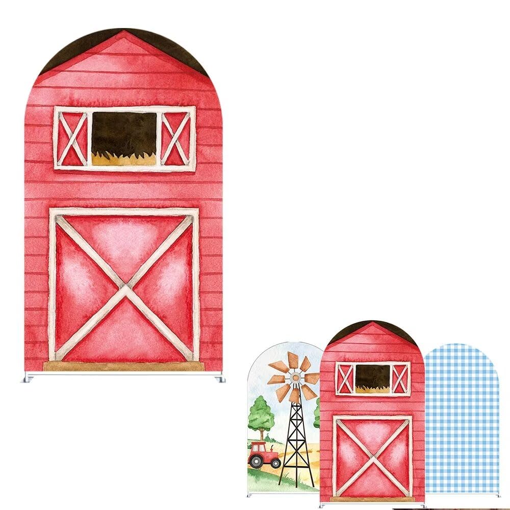 Ellteecz Red Barn Farm Door Arches Backdrop Cover for Kids Cows Birthday Party Favors Arch Background Stand Stretchy Fabric Covers Baby Shower Decor