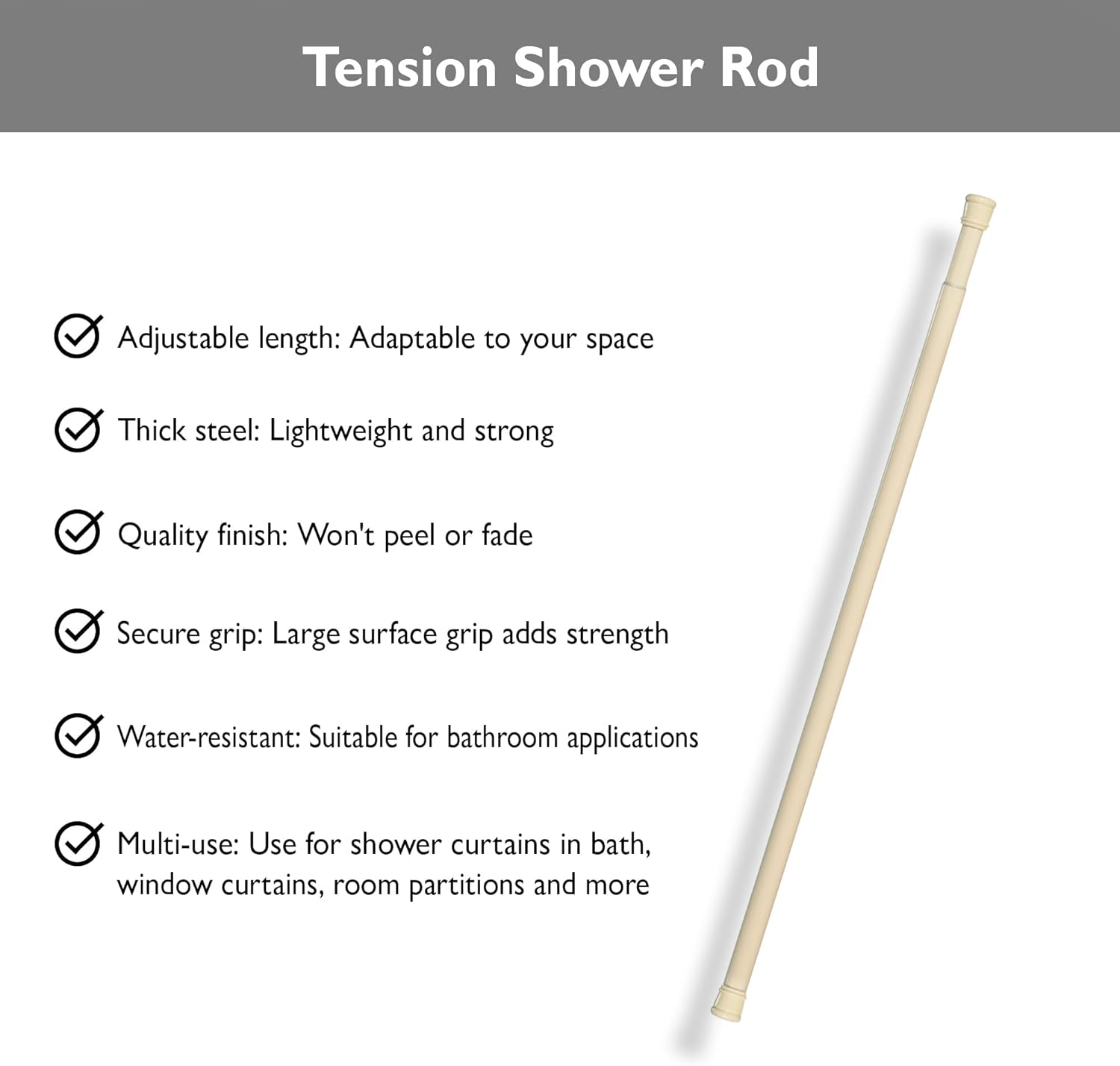 Design House 564179 Classic Adjustable 36 to 63-inch Shower Rod for Bathroom Bone