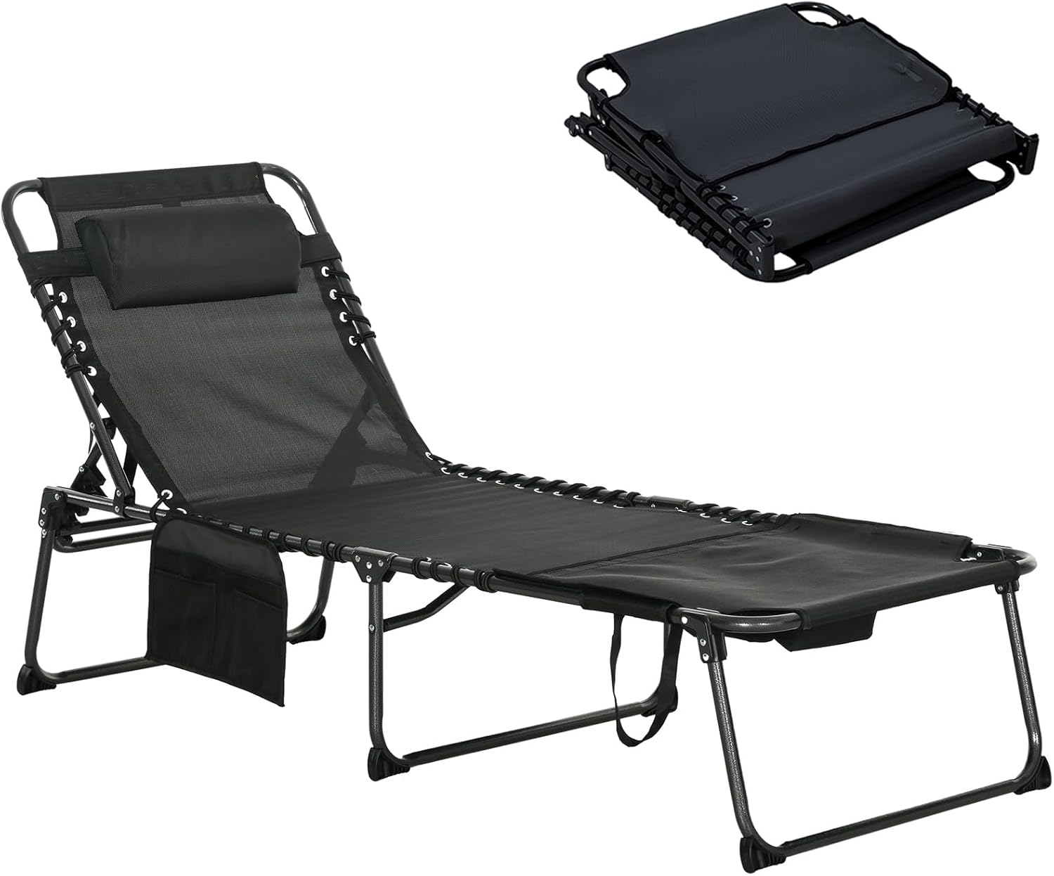 Folding Chaise Lounge Chair,5-Level Adjustable Reclining Back with Reading Face Hole, Outdoor Sun Tanning Chair for Beach, Poolside & Patio,Includes Side Pocket & Headrest | Portable (Black)