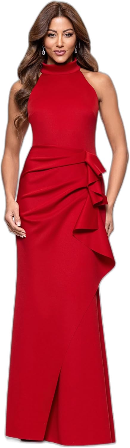 Xscape Womens Long Stretch Illusion Sleeve Mock Neck Dress