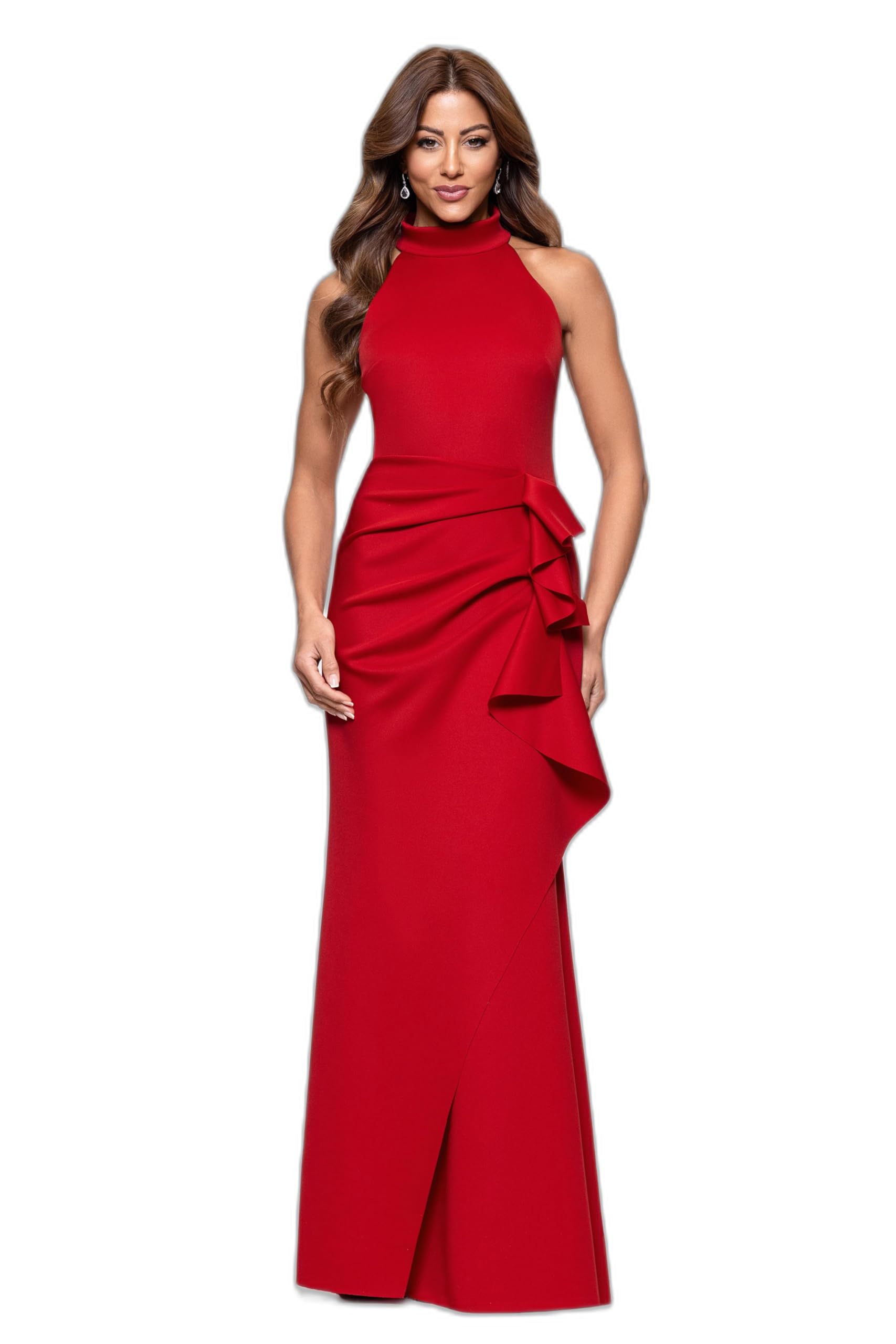 Xscape Women's Sleek Sleeveless V-Neck Gown with Cascading Ruffle and High Slit, Red, 10