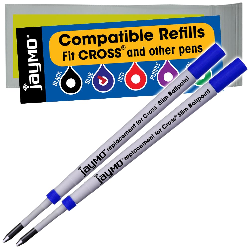 Jaymo Replacement for Cross Slim 8783 - Measures 4 in / 102 mm Long - Ballpoint Pen Refill - 2 Blue