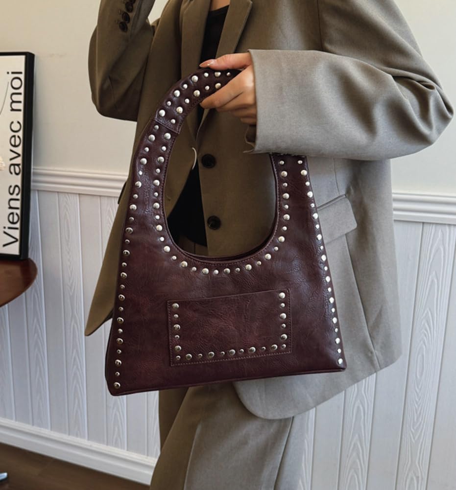 Molodo PU Leather Hobo Bag for Women Vintage Studded Tote Bag Handbag Trendy Shoulder Bag Punk Streetwear Handbag Purse