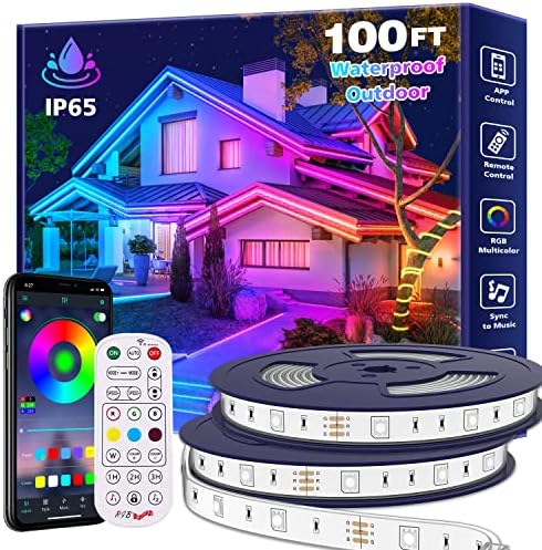 Aulimhti 100Ft Outdoor LED Strip Lights Waterproof,Music Sync RGB IP65 Outside Led Light Strips Waterproof with App and Remote,Exterior Led Rope Lights Waterproof for Deck,Balcony,Roof,Garden,Pool