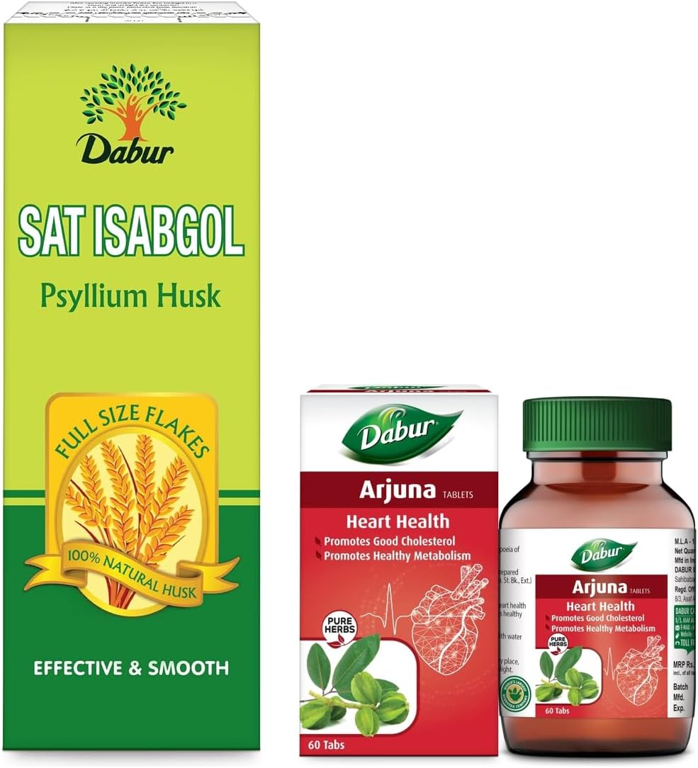 Dabur Sat Isabgol|Psyllium Husk| Effective Relief From Constipation - Pack Of 200 Gm Powder & Arjuna Tablets | Promotes Heart Health | Manages Cholesterol Level - Pack Of 60 Tablets