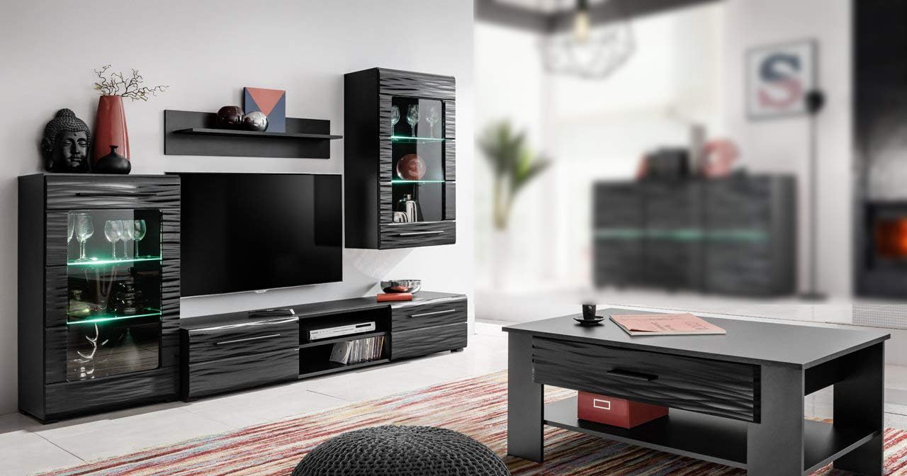 pmmarket Living Room High Gloss Furniture Set Display Wall Unit Modern TV Unit Cabinet (Full Set (Wall Unit+Coffee Table))